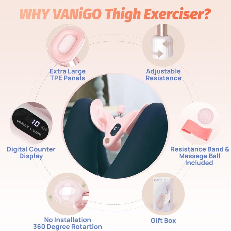 VANIGO Thigh Exerciser, Pelvic Floor Muscle Trainer, Inner Thigh Kegel Exercise Workout Equipment for Women and Men, Home Fitness Strengthen Machine for HIPS, Butt, Legs - Image 3
